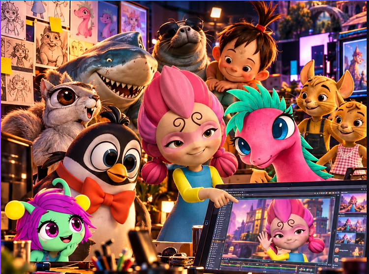 The PigTales cast gathered around an animation studio desk