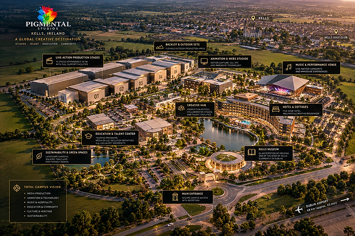 Aerial development visualization of the proposed Pigmental Studios campus in Kells, Ireland