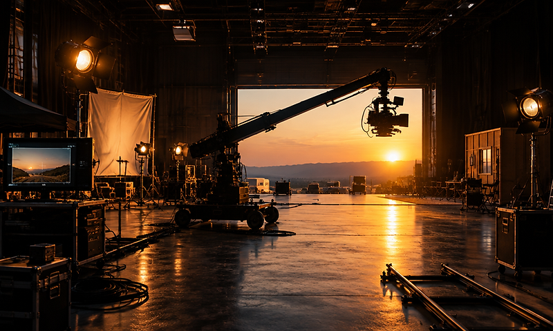 Film production set with lighting rigs