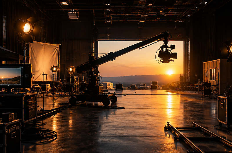 A large film production set lit with golden-hour light
