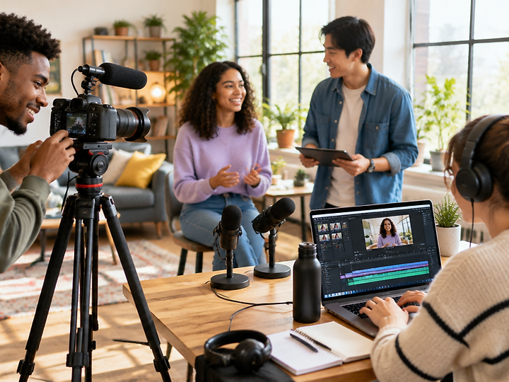 Emerging creators collaborating around a camera and laptop