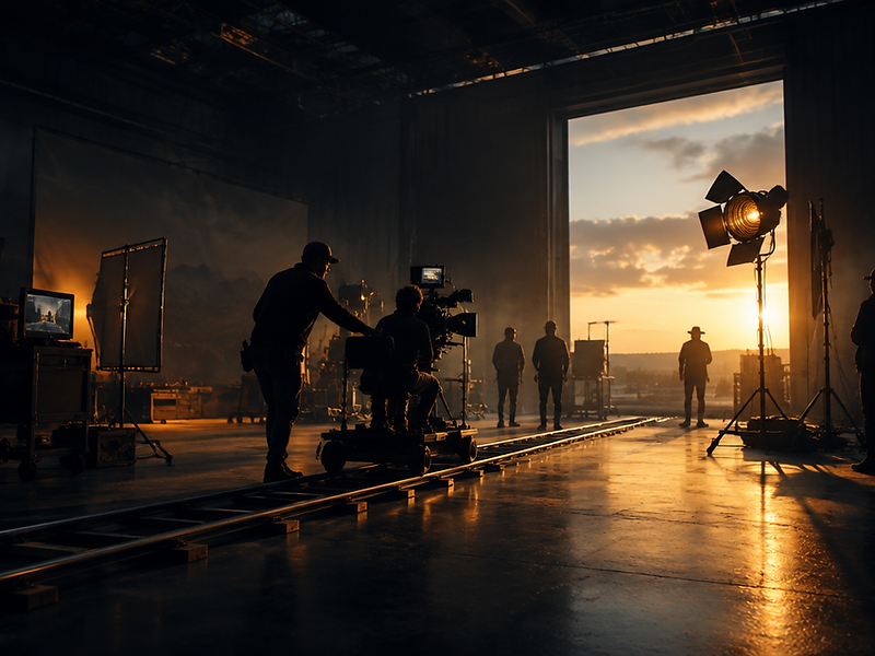 A film studio soundstage lit by golden-hour light through open stage doors