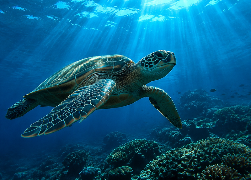 A sea turtle swimming through blue underwater light
