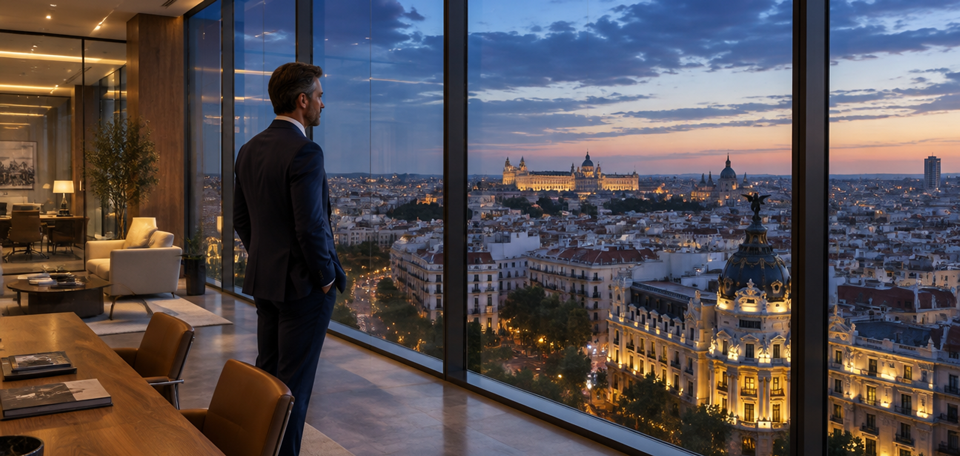 Oficina inmobiliaria moderna con grandes ventanales al atardecer