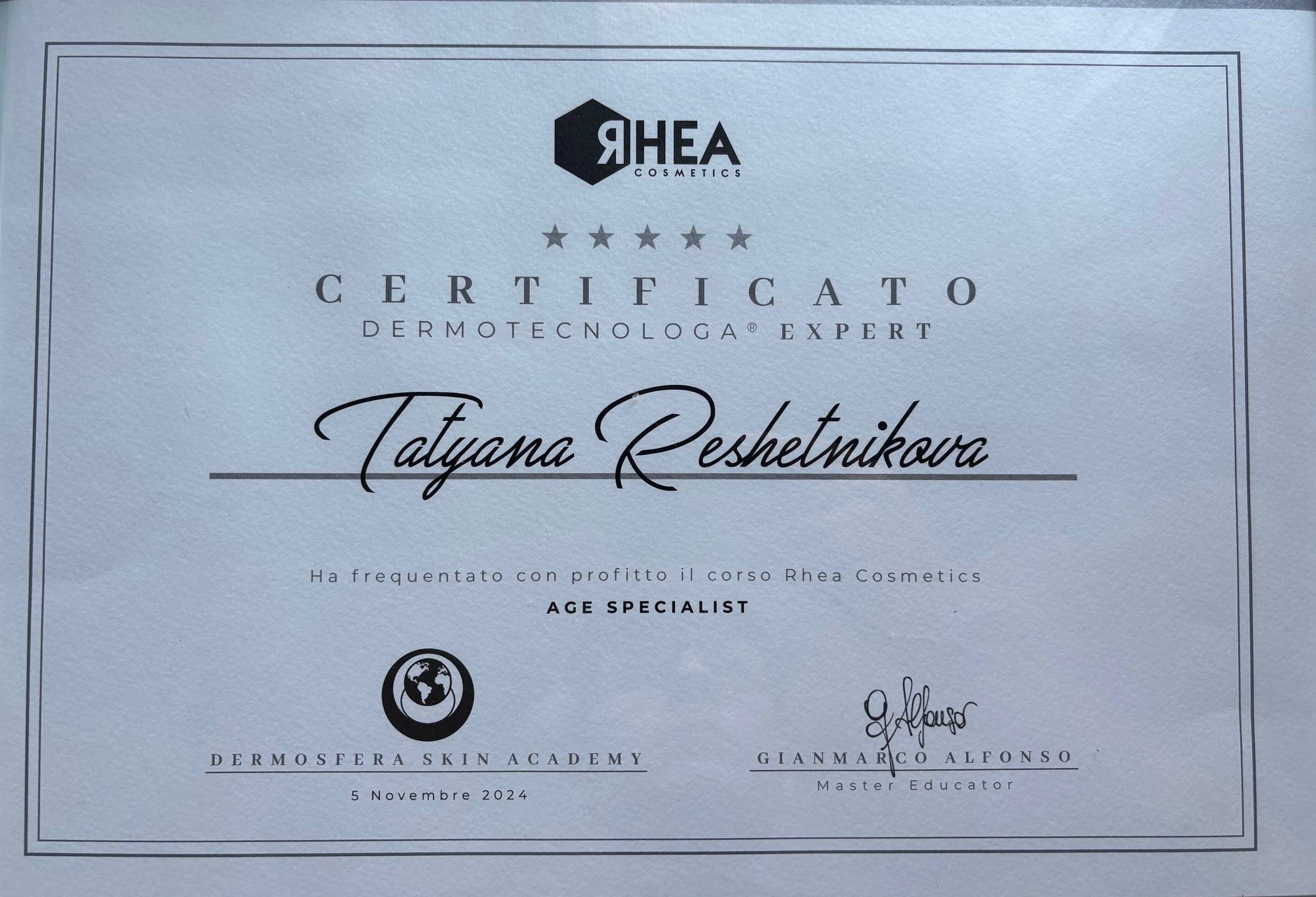 Certificato Rhea Cosmetics — Dermotecnologa® Expert