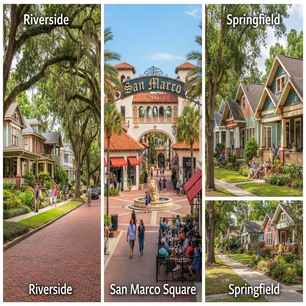 A collage of Jacksonville, Florida neighborhoods — Riverside's historic bungalows, San Marco Square, the St. Johns River with its fountain, and the Springfield District
