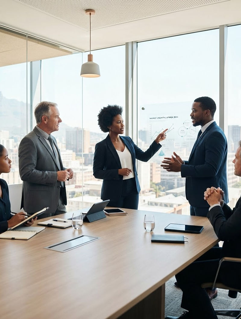 Executives in discussion in a bright, glass-walled boardroom overlooking a city skyline