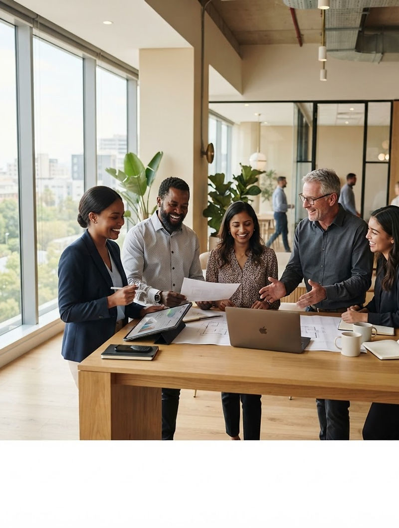 Diverse South African business professionals collaborating in a light-filled workspace