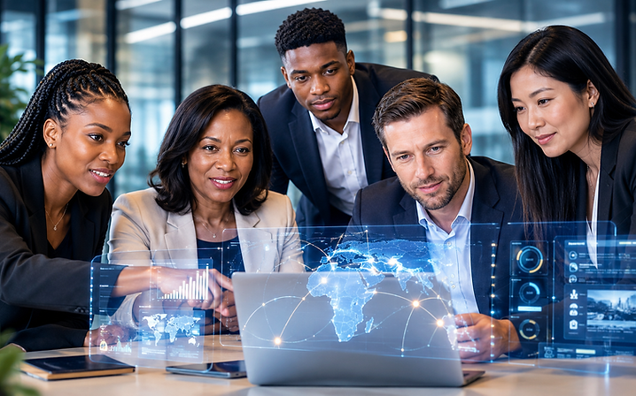 A diverse team of professionals reviewing African market data together