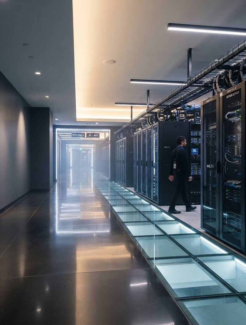 Modern data centre corridor with illuminated server racks and intelligent computing infrastructure