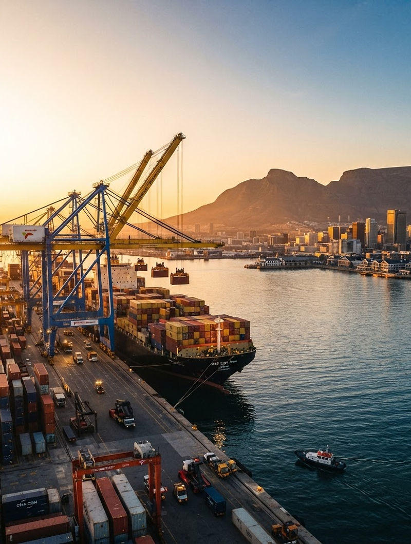 African container port at golden hour with cargo ship and city skyline