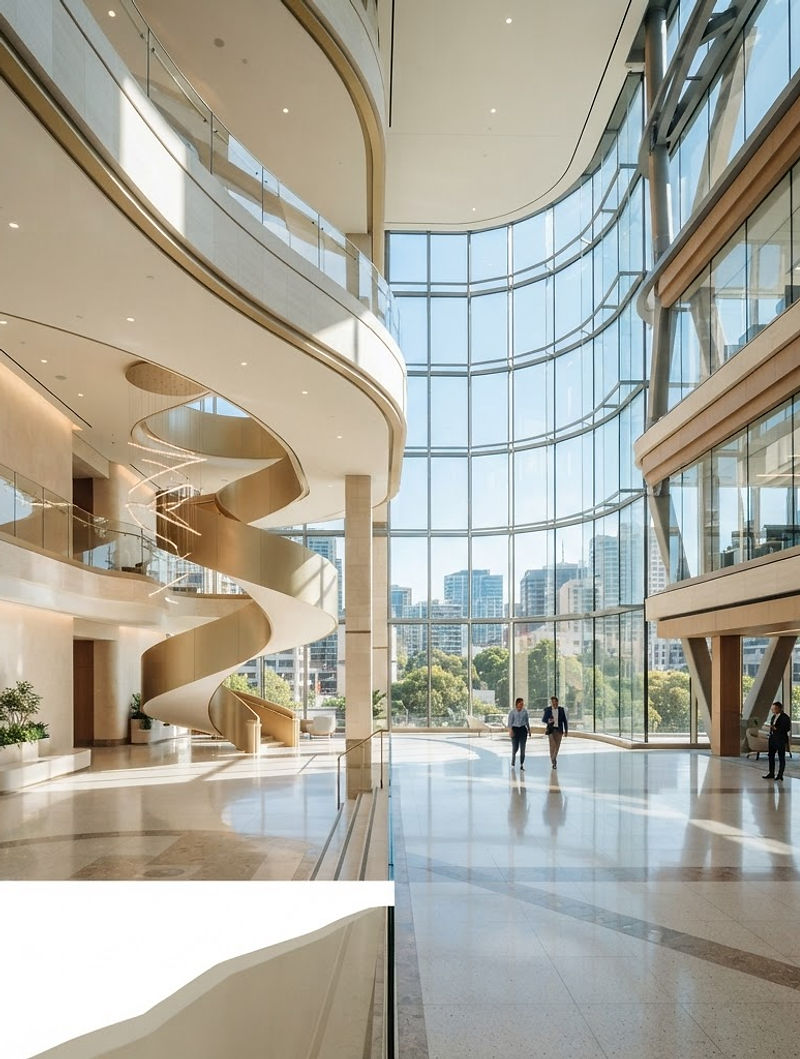 Bright contemporary corporate atrium with curved glass facades and daylight