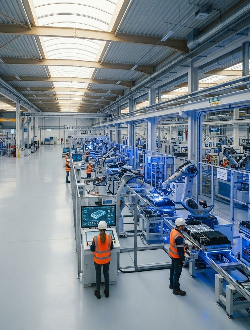 Modern electric vehicle battery manufacturing facility with engineers supervising production