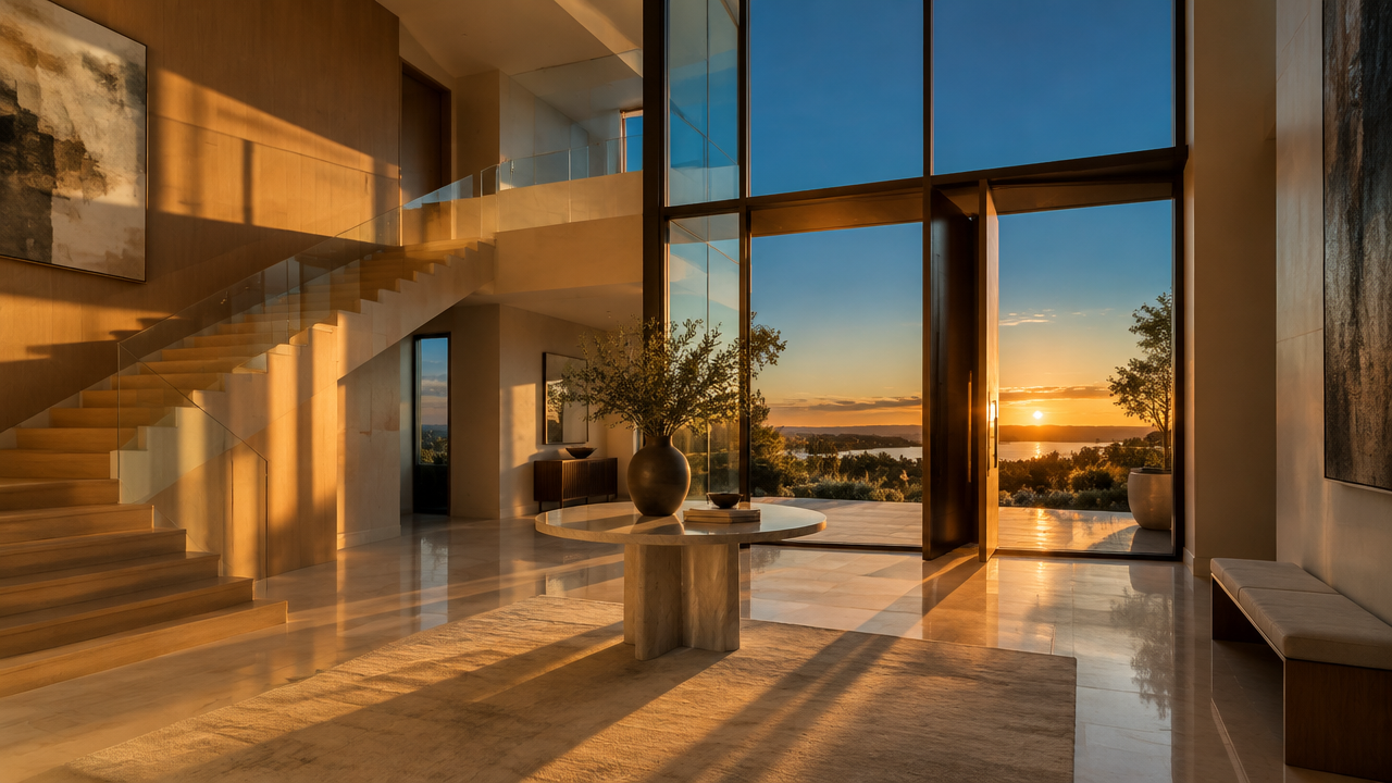 Modern luxury home interior at golden hour