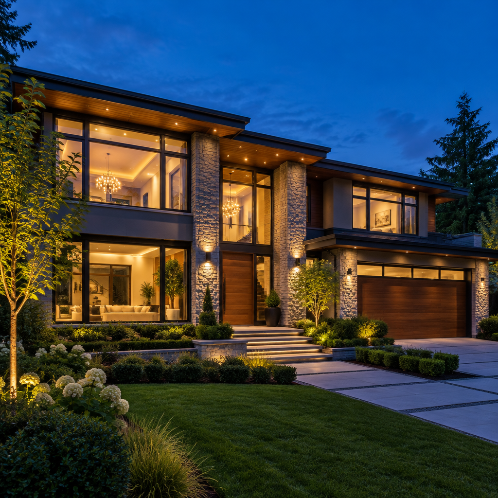 Modern home at dusk