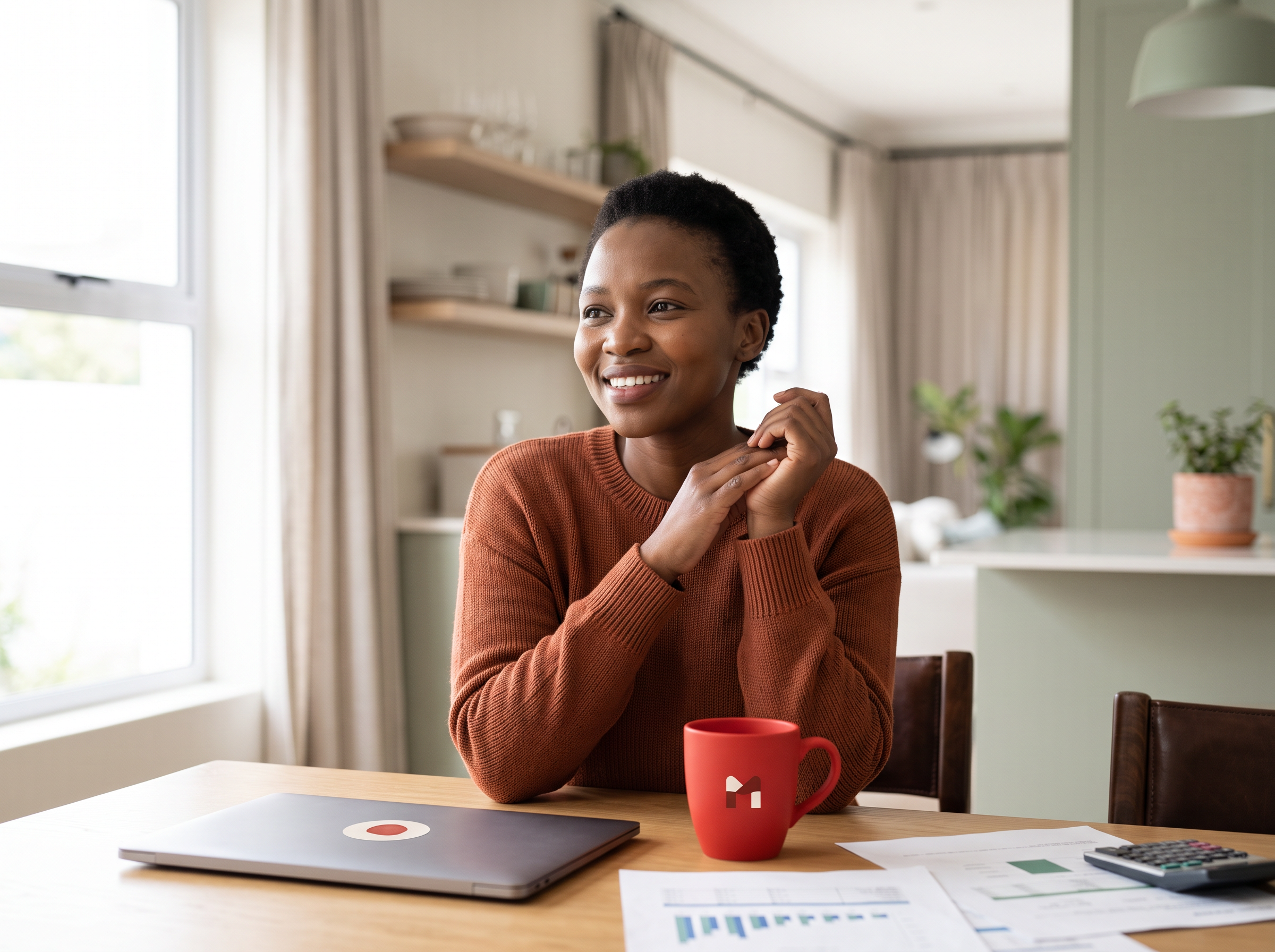 Woman enjoying a calm moment while reviewing her finances at home