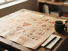 Hand-drawn marketing funnel diagrams in coral ink on kraft paper
