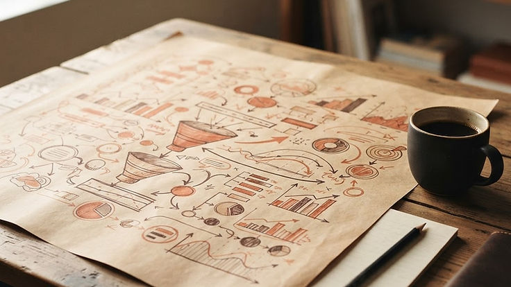 Hand-drawn marketing funnel diagrams in coral ink on kraft paper