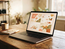 Laptop showing an abstract analytics dashboard in warm afternoon light