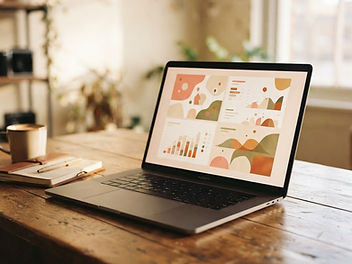 Laptop showing an abstract analytics dashboard in warm afternoon light