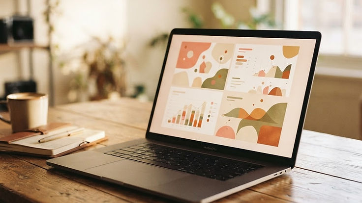 Laptop showing an abstract analytics dashboard in warm afternoon light