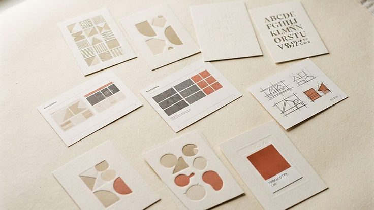 Letterpress type specimens and brand guideline pages laid out on warm cream paper