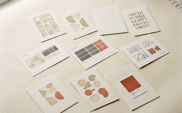 Letterpress type specimens and brand guideline pages laid out on warm cream paper