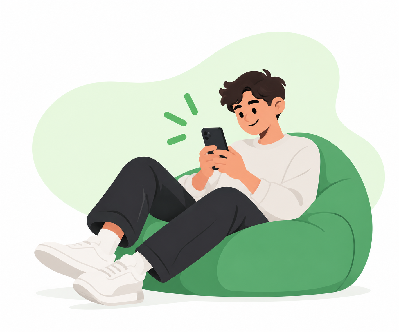 Mann entspannt auf einem Sitzsack mit Smartphone
