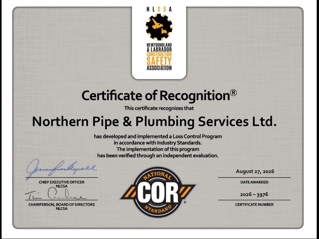 NLCSA Certificate of Recognition (COR) awarded to Northern Pipe & Plumbing Services Ltd.