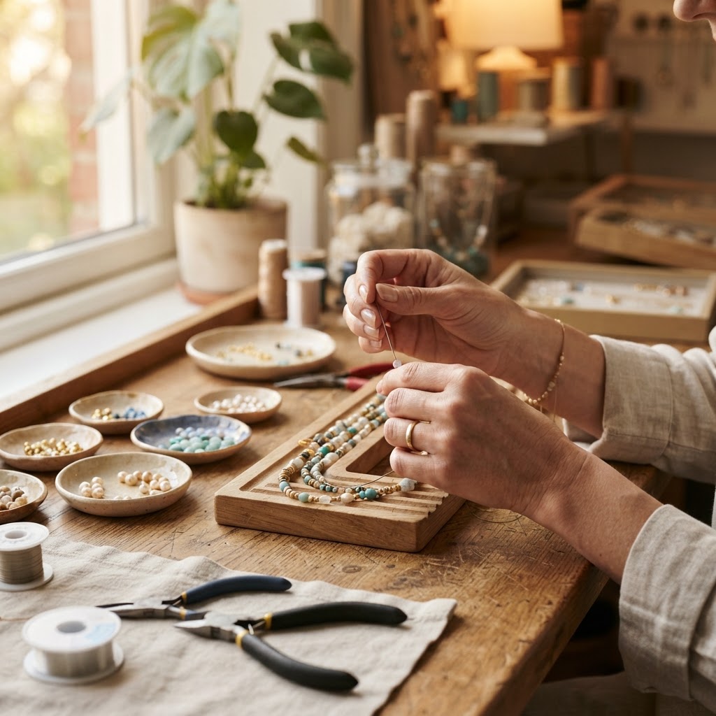 A business owner preparing handmade jewelry pieces for sale