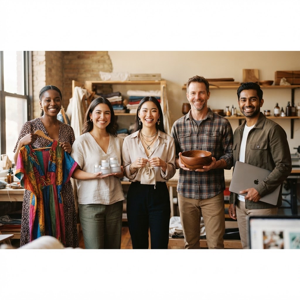 A group of small-business owners proudly showing the products they sell
