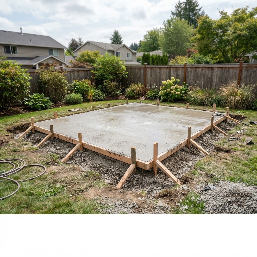 Freshly poured concrete shed pad with formwork in Noblesville, IN