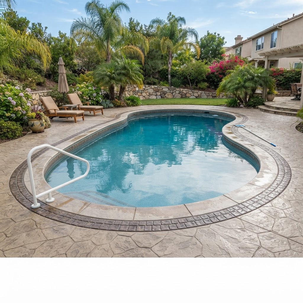Stamped concrete pool deck with decorative border