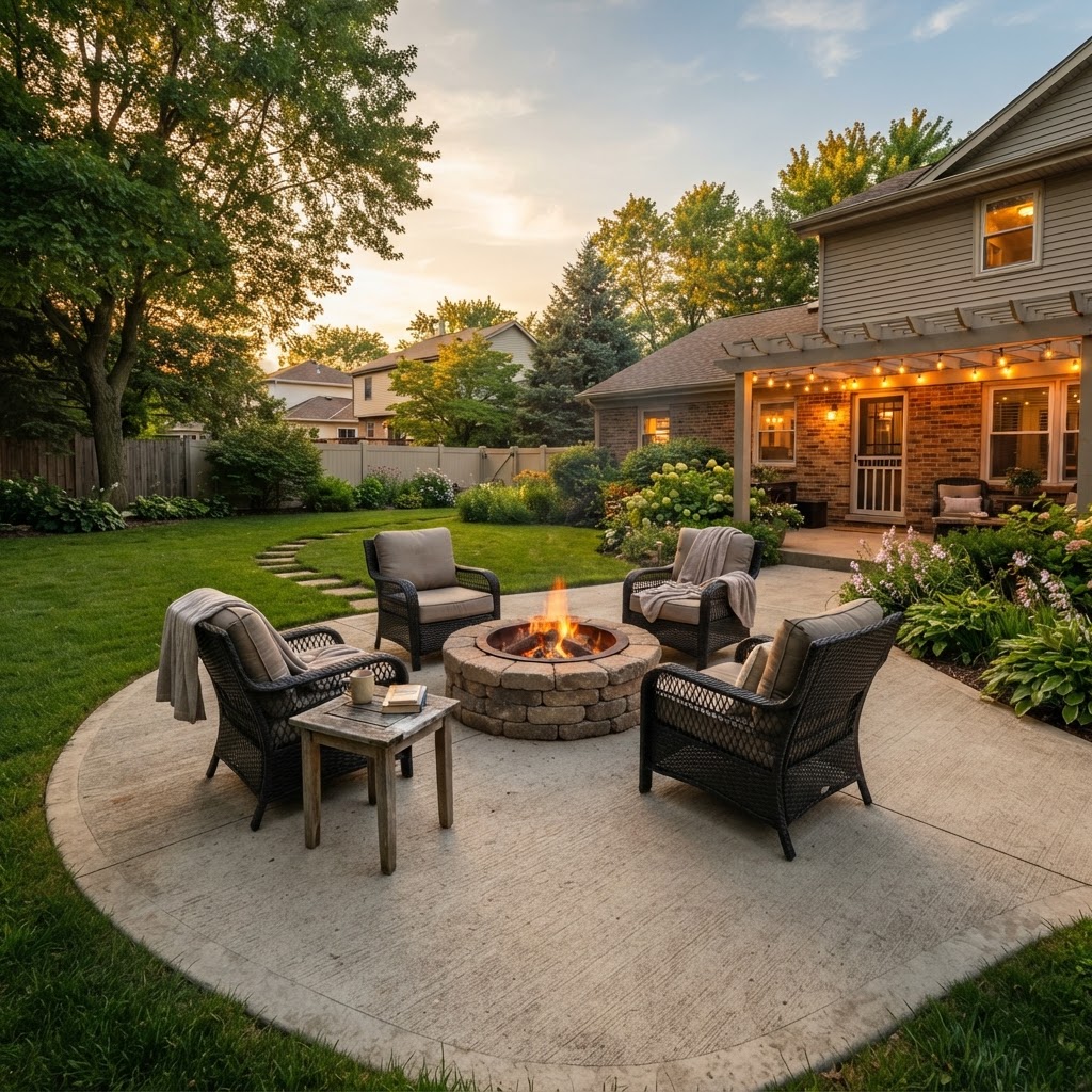 Broom-finish concrete patio with fire pit in a Noblesville backyard
