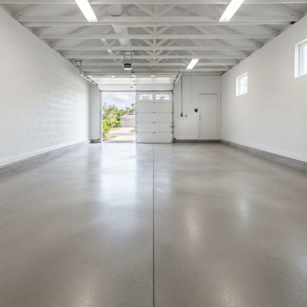 Smooth troweled concrete garage floor slab