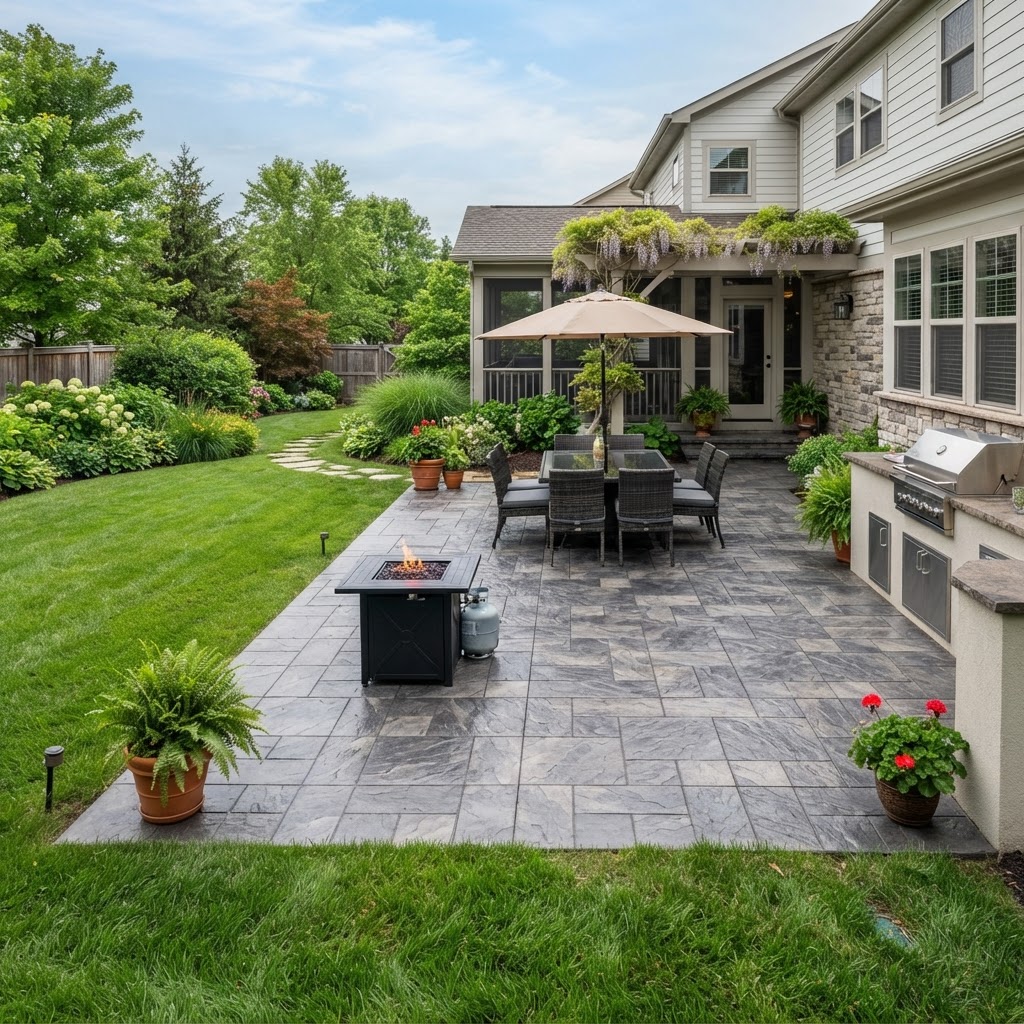 Stamped concrete patio with ashlar slate pattern in a Hamilton County backyard