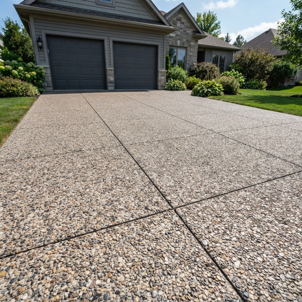 Exposed aggregate concrete driveway with control joints