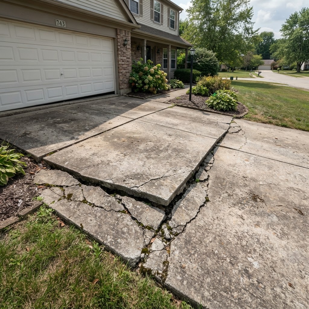 Cracked and sunken concrete driveway slab before repair