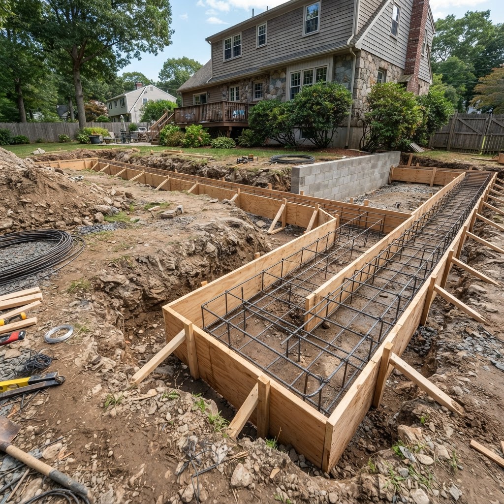Concrete footing forms with rebar for a home addition