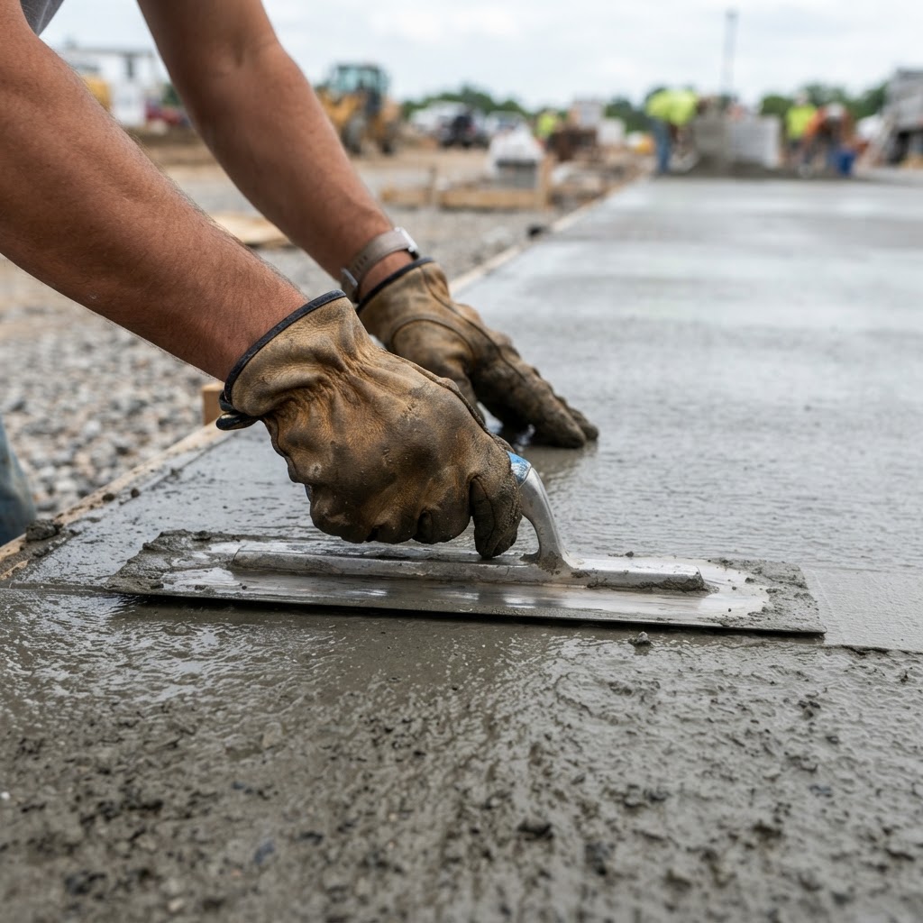 Concrete contractor finishing a fresh slab in Noblesville, Indiana