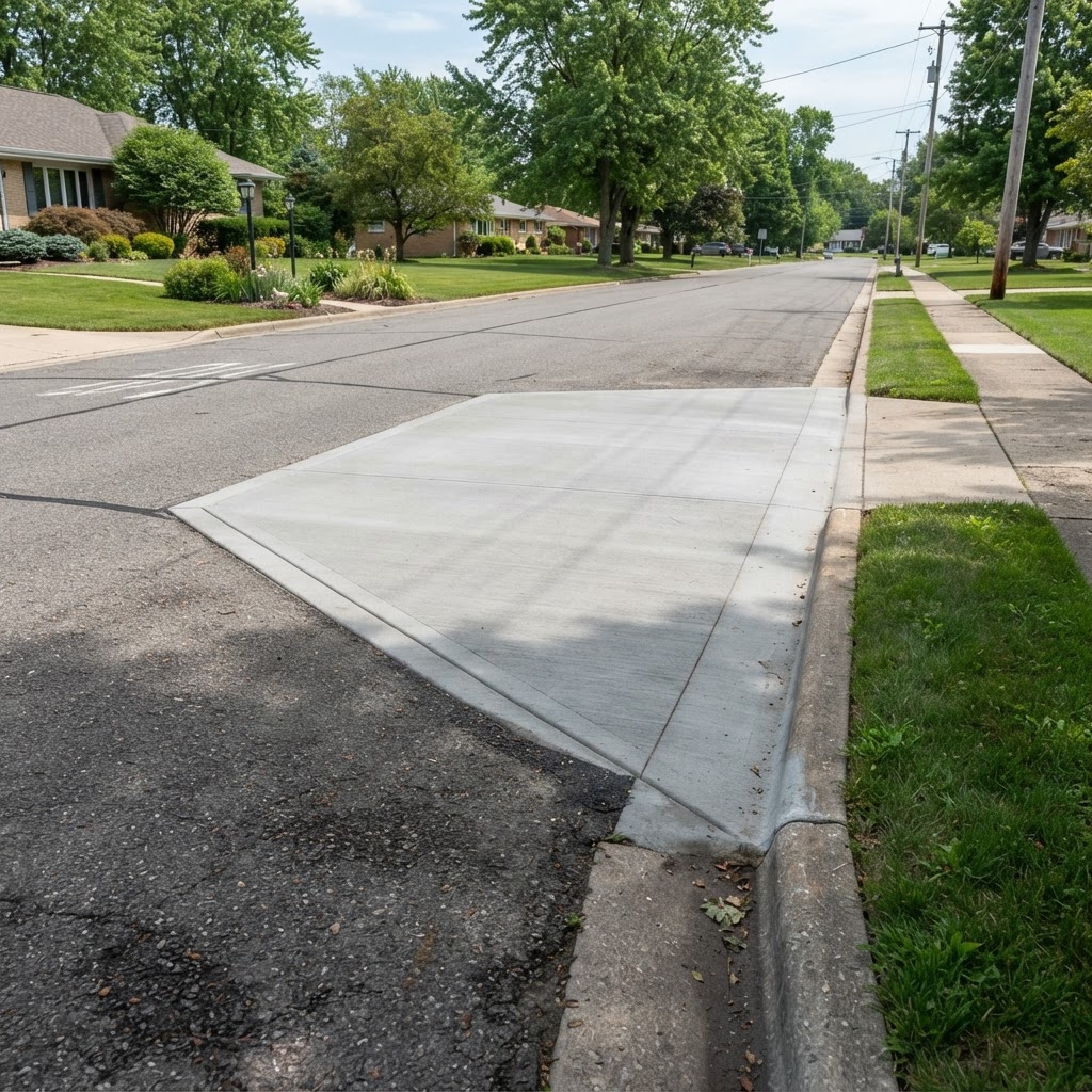 Concrete driveway apron meeting the street curb