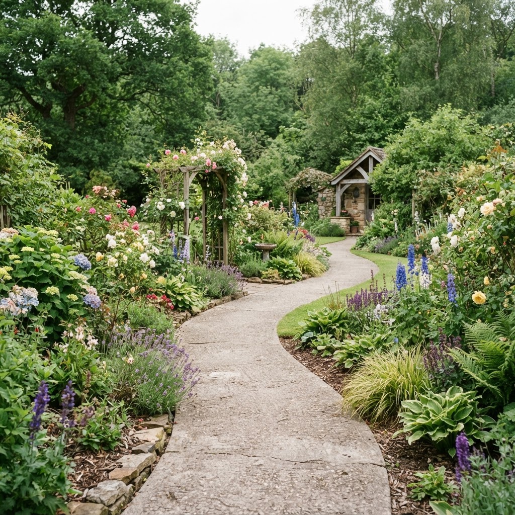 Curved concrete garden path through a backyard