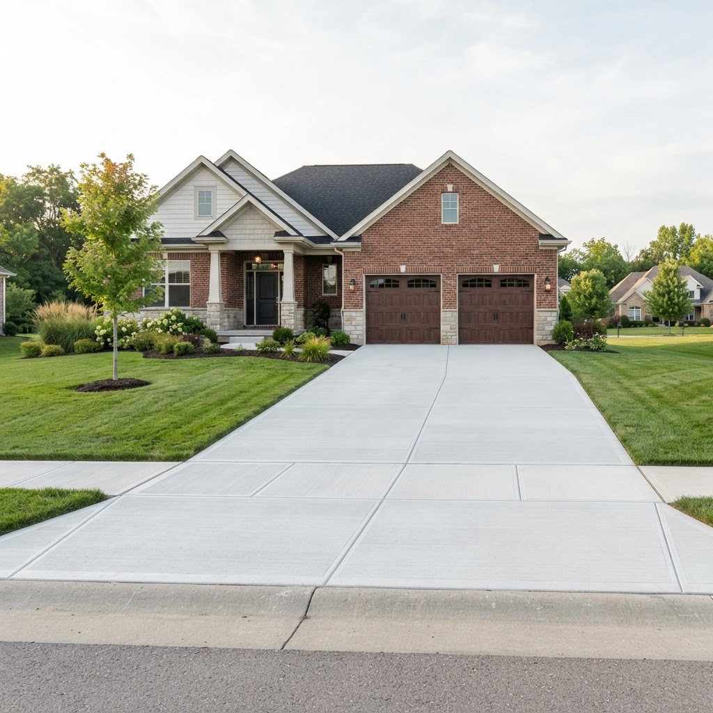 New broom-finish concrete driveway at a Noblesville, IN home