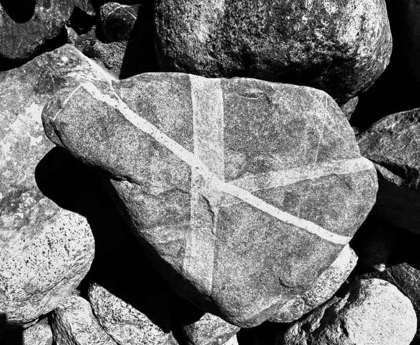 Weathered stone with bright white mineral veins crossing its surface