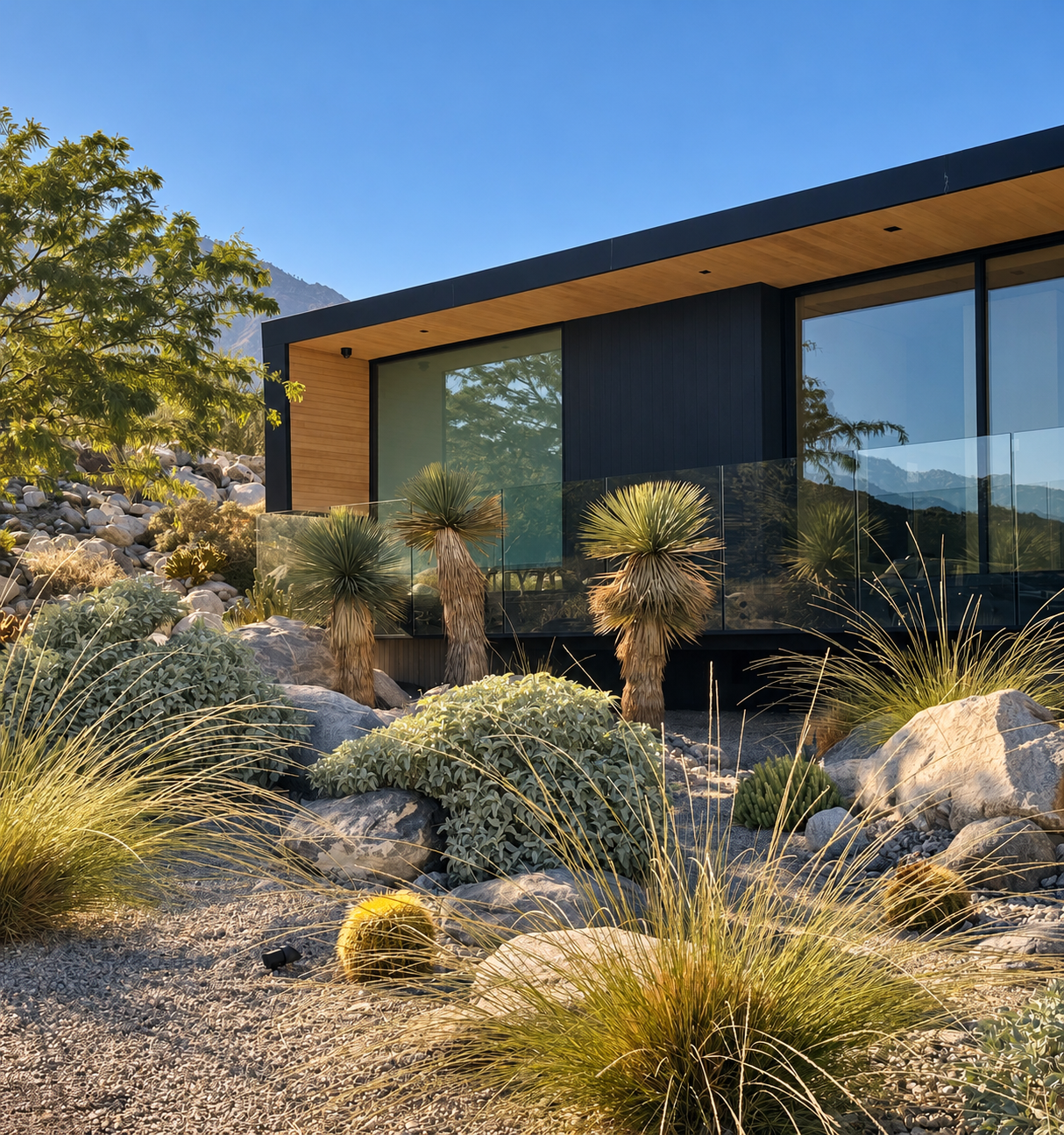 Golden grasses, silver-green shrubs and sculptural plants growing among boulders in front of the glass facade at Wabi-Sabi House