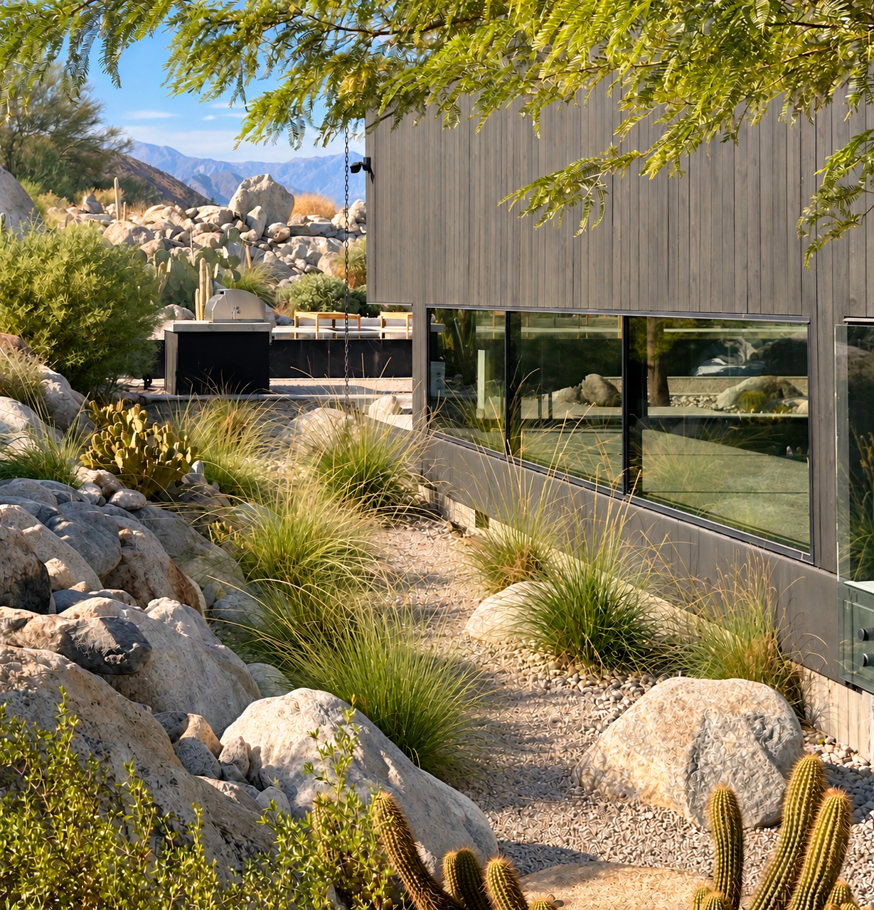 Sideyard view of Wabi-Sabi House with dark siding, glass windows, ornamental grasses, columnar cacti, boulders and desert mountains beyond