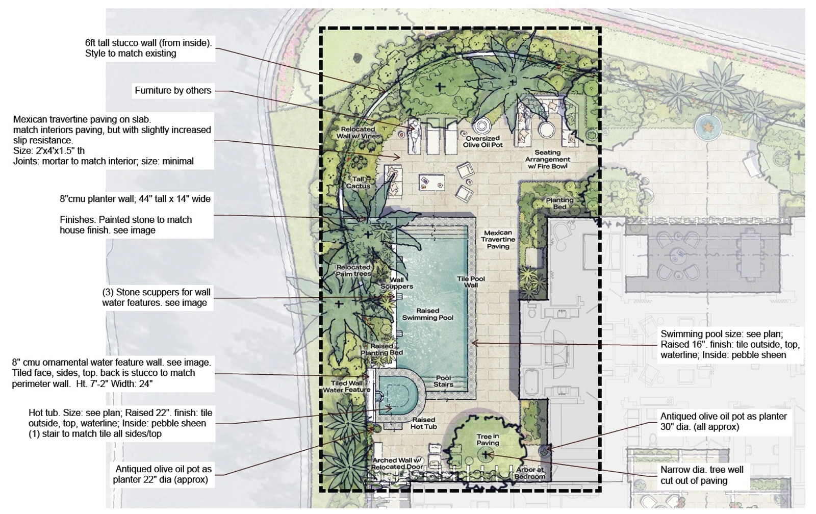 Site plan with pool, spa, and outdoor living areas