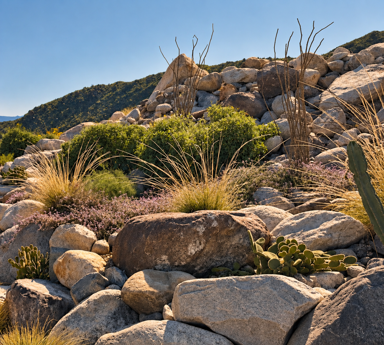 Desert garden bed with river stones, ornamental grasses, wildflowers, and boulders beneath a sunny hillside