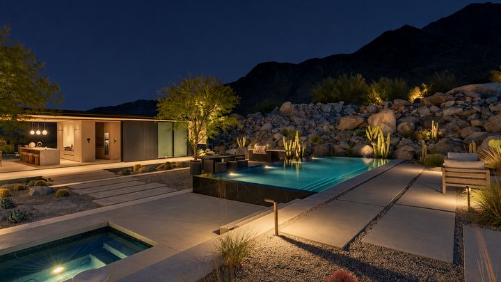 Pool, spa and desert garden illuminated at night with warm landscape lighting