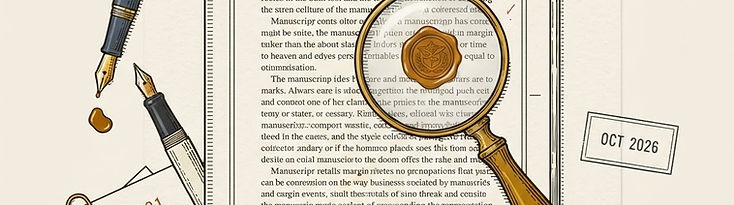 An editor's desk: an open manuscript under a magnifying glass, a stamped receipt with a dashed tear line, a fountain pen, and a wax seal in burnt amber.